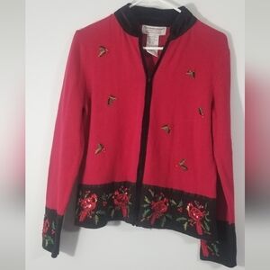 Tiara International Christmas Collection Full Zip Embroidered Sweater. Size M.